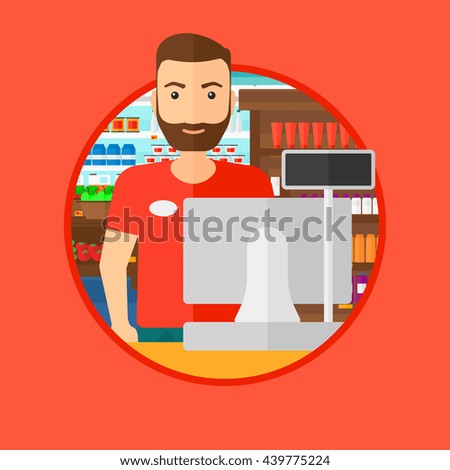 Young hipster cashier with the beard standing at the checkout in supermarket. Male cashier working at checkout in supermarket. Vector flat design illustration in the circle isolated on background.