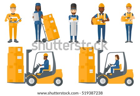 Warehouse worker scanning barcode on box. Warehouse worker checking barcode of box with a scanner. Warehouse worker in hard hat. Set of vector flat design illustrations isolated on white background.