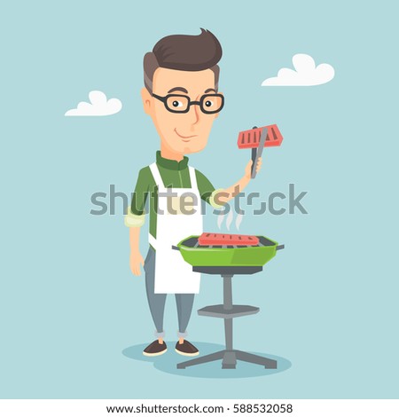 Caucasian cheerful man cooking steak on the barbecue grill outdoor. Smiling man preparing steak on the barbecue grill. Happy man having outdoor barbecue. Vector flat design illustration. Square layout