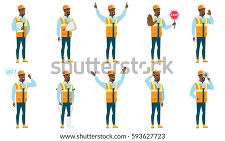 Successful african-american builder standing with raised arms up. Full length of happy builder celebrating with raised arms up. Set of vector flat design illustrations isolated on white background.