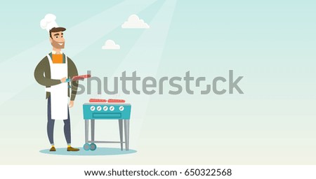 Caucasian man cooking steak on the gas barbecue grill outdoors. Young hipster man preparing steak on the gas barbecue grill. Man at a barbecue party. Vector flat design illustration. Horizontal layout