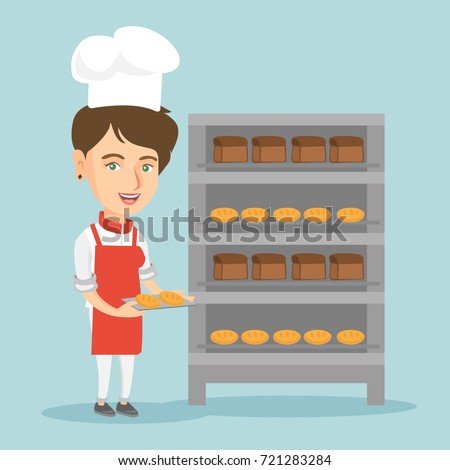 Young caucasian baker in chef hat holding a tray with bread in the bakery. Smiling female baker standing near the bread rack. Baker with a baking tray. Vector cartoon illustration. Square layout.
