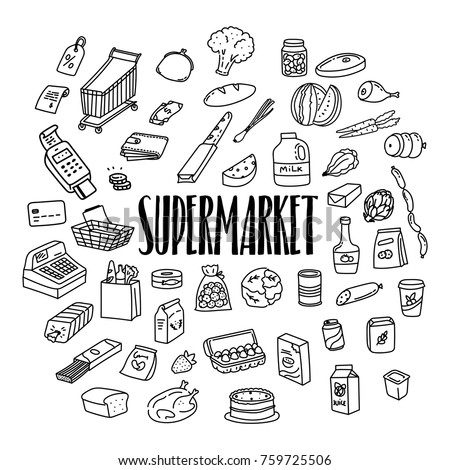 Supermarket Grocery Products Hand Drawn Doodle Stock Vector 759725506