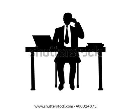 Businessman sitting at a table and talking on the phone.Black outlines on white.
