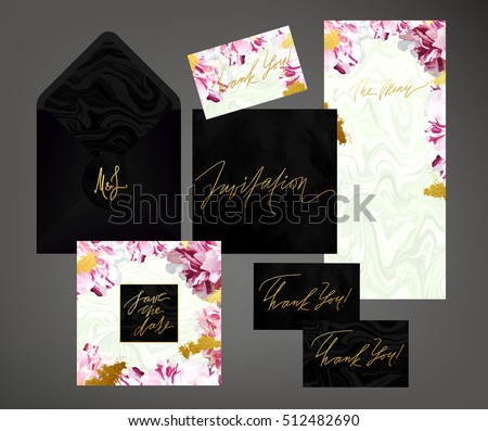 Tony wedding invitation suite vector template. Pink and white variegated peony floral textured card, menu envelope with calligraphy elements. Soft velvet, black marble textures.