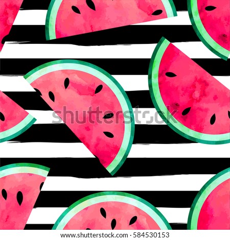 Fruity seamless vector pattern with watercolor paint textured watermelon pieces. Striped background.