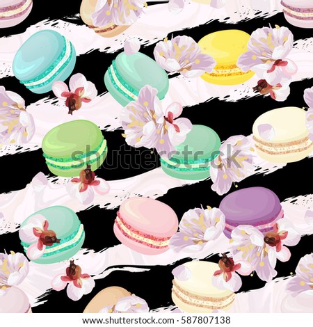 Realistic macaroons colorful seamless pattern. Trendy confectionery texture with classic french almond cookies on art stroke stripes, marble background. Spring blossom plum tree flowers.
