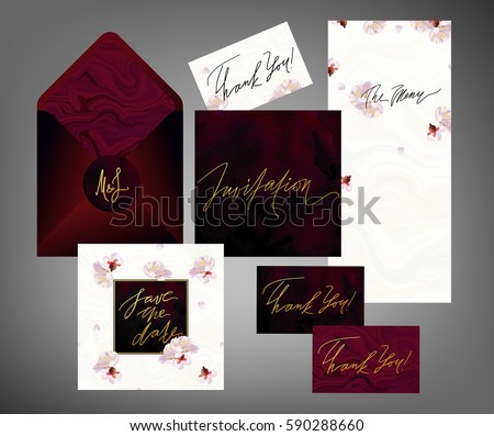 Tony wedding invitation suite vector template. Pink and white spring plum tree flowers floral textured card, menu envelope with calligraphy elements. Soft velvet, black marble textures.