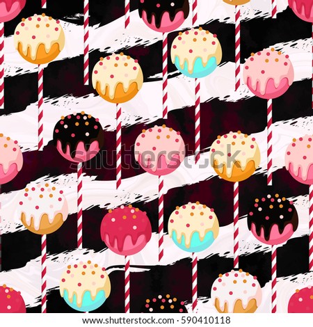 Candy vector seamless pattern with different colors chocolate cake-pops on stripped sticks. Pink, mint blue, gold, white, black and yellow colors. Marble and art-stroke stripes texture.