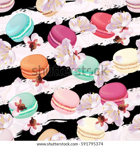 Realistic macaroons colorful seamless pattern. Trendy confectionery texture with classic french almond cookies on art stroke stripes, marble background. Spring blossom plum tree flowers.
