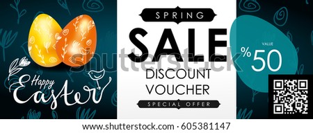 Easter sale vector illustration. Realistic festive eggs and sketch drawing spring birds, flowers and twigs. Flayer, voucher or coupon template. Chalkboard texture.