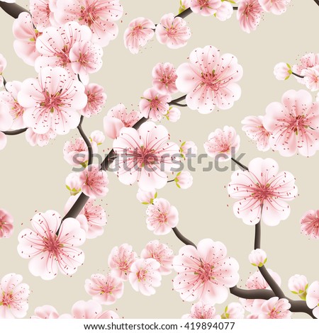 Seamless background pattern of pink Sakura blossom or Japanese flowering cherry symbolic of Spring in a random arrangement square format suitable for textile. EPS 10 vector file included