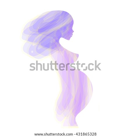 Beautiful nude pregnant woman silhouette, abstract turquoise blue subtle colors, elegant linear sketch symbol motherhood, expectant mother, prospective mother, prenatal care