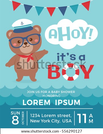 Cute sailor bear cartoon illustration with ahoy it's a boy typography for baby shower invitation card design template