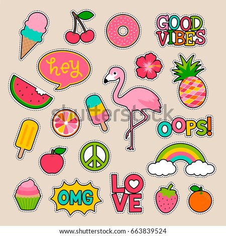 Set Fashion Patches Cute Colorful Badges Stock Vector 665642896 ...