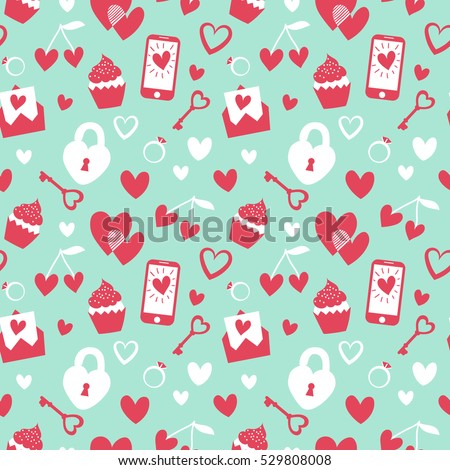 Valentine's Day vector seamless pattern. Flat cartoon elements on blue isolated background. Cute girly stuff pattern design. Great for wrapping and textile.