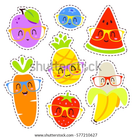 vector cartoon fruits in glasses patch set