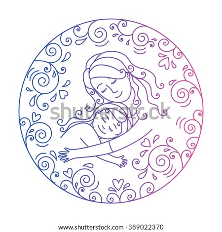 Mother and daughter in love inside round.Template for card.Mother and baby.Mother's day.Vector illustration.Colored illustration isolated on a white background