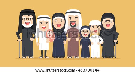 vector arab family, muslim people, saudi cartoon man and woman. Arab people father, mother, son, daughter, grandmother and grandfather standing together