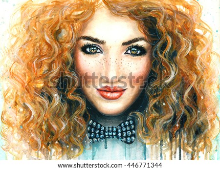 Watercolor Painting Young Pretty Girl Long Stock Illustration ...