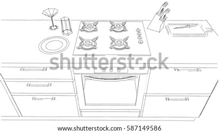 Sketch Drawing Of Built In Kitchen Stove And Oven Black White 3D Top Sketch Drawing Of Built In Kitchen Stove And Oven Black White 3D Top
