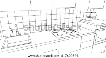 Kitchen Drawing Perspective kitchen interior drawing vector illustration stock vector Kitchen Drawing Perspective kitchen interior drawing vector illustration stock vector