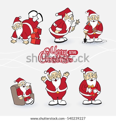 Collection of Santa Claus characters with sign Merry Christmas
