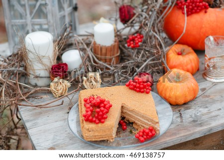 Autumn Still Life Pumpkin Dry Roses Viburnum Honey Cake Autumn Still Life Pumpkin Dry Roses Viburnum Honey Cake