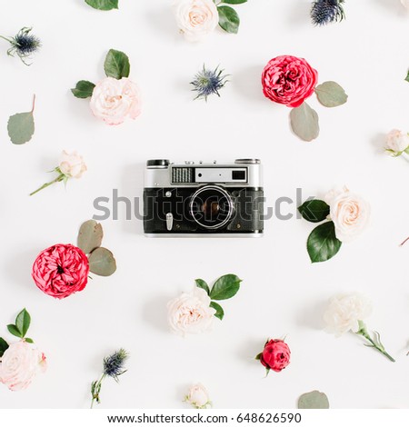Flat Lay Floral Frame With Vintage Retro Camera Red And Beige Rose Flower Buds Pattern Flat Lay Floral Frame With Vintage Retro Camera Red And Beige Rose Flower Buds Pattern