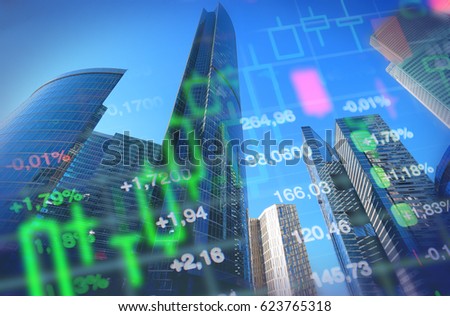 Economy, business, financial background. Economy concept collage, office buildings and skyscrapers at background, stock market charts and data. Blue background for global economy, financial themes.