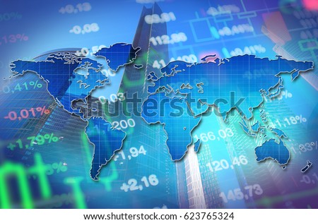 Economy, business, financial background. Economy concept collage with blue world map at background of stock market charts and data. Blue background for global economy themes and financial news.
