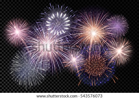set of isolated vector fireworks on a transparent background.