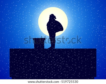 Vector illustration silhouette Santa Claus with gift bag standing on the roof of a house near the pipe. Santa Claus on a background of the night moon. Side view, profile.