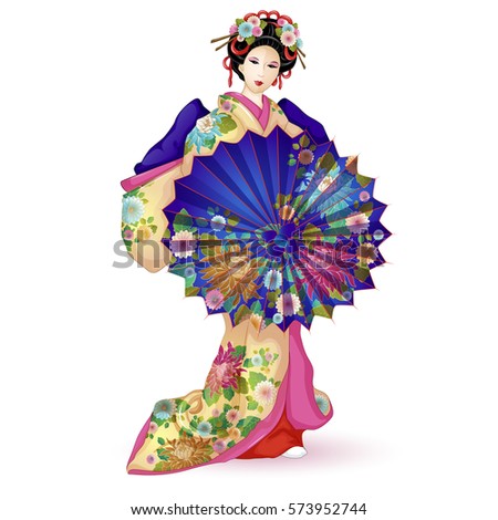 Japan National doll Hina Ningyo in a blue kimono with an umbrella. Pattern with chrysanthemums. A character in a cartoon style. Vector illustration on white background. Isolated.
