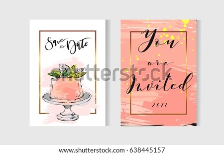 Hand drawn vector abstract freehand textured unusual save the date cards set template with cake stand design,flowers,lemon,golden frame and modern calligraphy in peach colors.Wedding,birthday,rsvp.