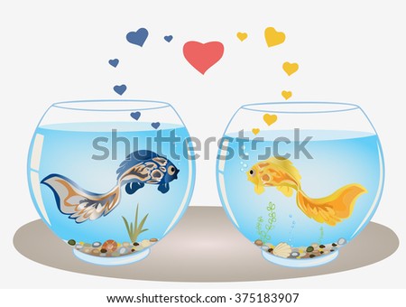Fishes couple in love, swim in different aquariums, look at each other. Romantic feeling concept. Vector.