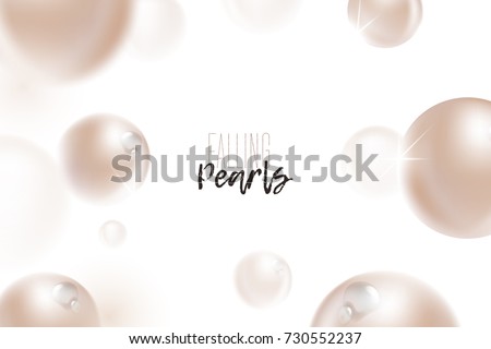 Flying (falling) beige, natural pearls with dew water drops, sparkles, shine, glow, reflection and blur effect on white background. Luxury jewelry pattern, beautiful pearls. Vector illustration