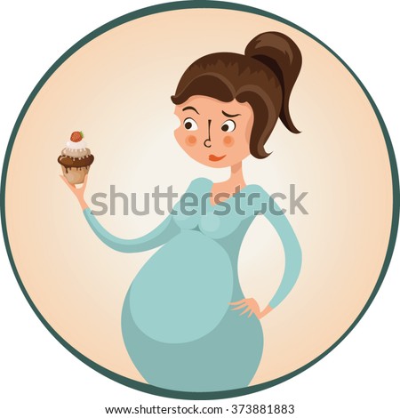 Pregnant woman holding cupcake, doubting, vector illustration, cartoon
