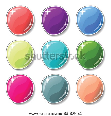Glossy colored buttons with drop shadow effect. Blank vector buttons set for web design or game graphic. Colorful marbles on white background. Empty bubbles for text or word. Board pins isolated