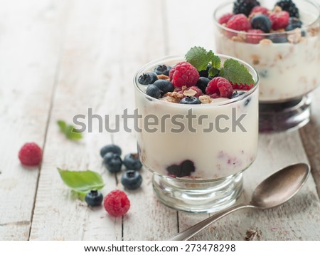 Yogurt with granola or muesli and fresh berries for healthy morning meal, selective focus