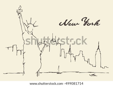 new york city architecture with statue of liberty on front vector illustration hand drawn