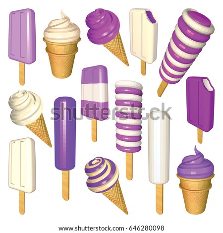 Sundae and Blueberry Ice Creams Collection. Set of Ice Creams and Popsicles Isolated on White. Popsicles Cones and Cups in White and Purple. Low Poly Vector Illustration.