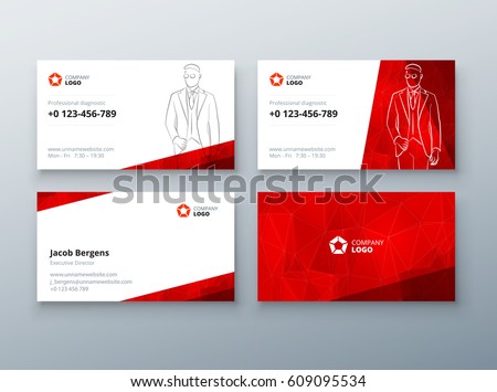 Business card design. Red Business card template for personal or corporate use. Layout with modern elements and abstract triangle background. Creative vector concept