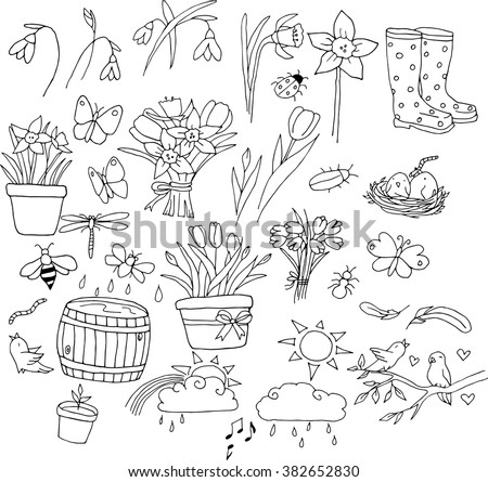 Freehand Drawing Spring Items On Sheet Stock Vector 213389956 ...