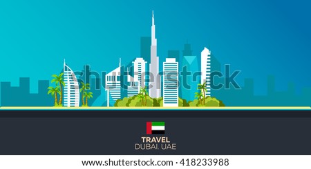 Dubai. Tourism. Traveling illustration Dubai city. Modern flat design. Dubai skyline. UAE. United Arab Emirates
