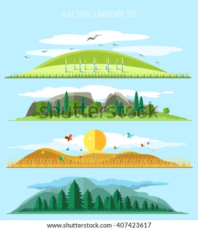 Vector flat forest view. Colored landscape with bushes anf trees
