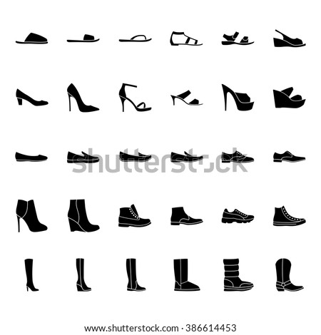 Shoes icons. Set of men's and women's shoes icons, black silhouette