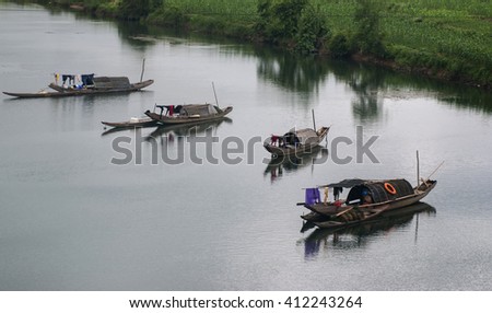 QUANG TRI, VIETNAM, November 20, 2015 boats moored on the river Thach Han, Quang Tri Province, Vietnam