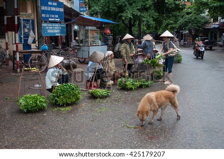 Vinh Phuc, Vietnam, May 23, 2016 farmers groups, rural Vinh Phuc, selling vegetables on the street.
