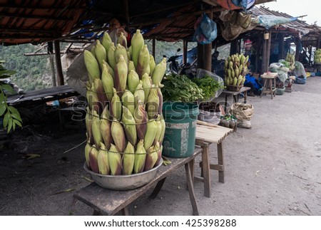HOA BINH, Vietnam, March 12, 2016 people, highland Hoa Binh, Vietnam, selling boiled corn, guests, Vietnam